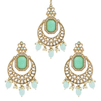 Etnico Gold Plated Traditional Pearl Hanging Kundan Stone Chandbali Earring With Maang Tikka For Women/Girls (TE3026Sb)