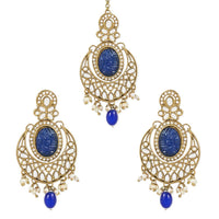 Etnico Gold Plated Traditional Pearl Hanging Kundan Stone Chandbali Earring With Maang Tikka For Women/Girls (TE3027Bl)
