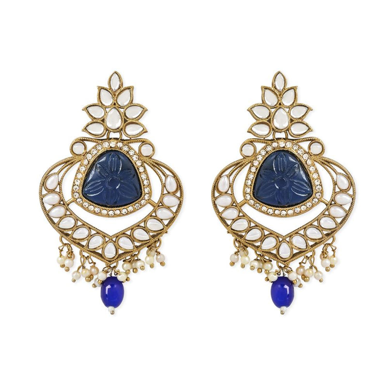 Etnico Gold Plated Traditional Kundan Pearl Chandbali Earrings With Maang Tikka For Women/Girls (TE3031) (Blue)