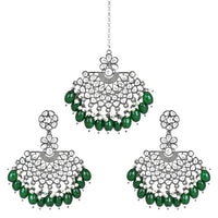 Etnico Ethnic Stylish Silver Oxidised Kundan Pearl Chandbali Earrings With Maang Tikka Set For Women And Girls (TE3106ZG)