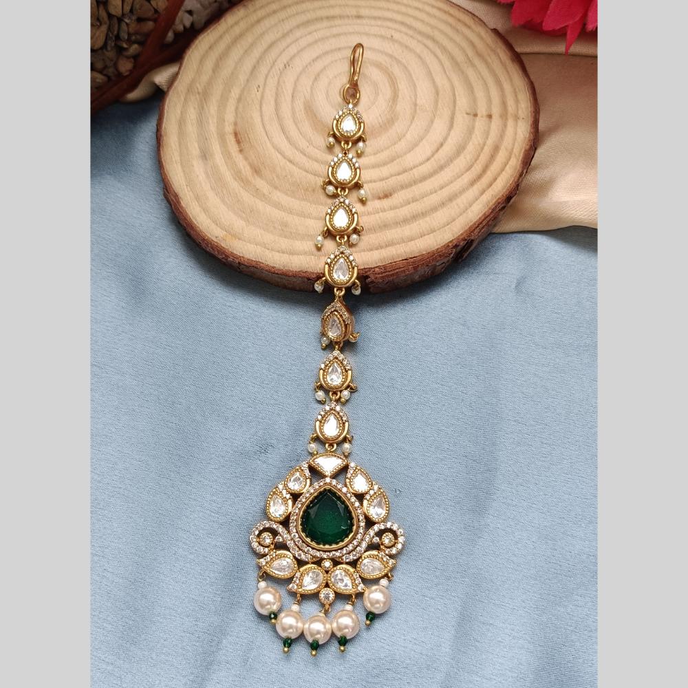 Arham Gold Plated Polki Kundan And Pearl Beads Maangtikka