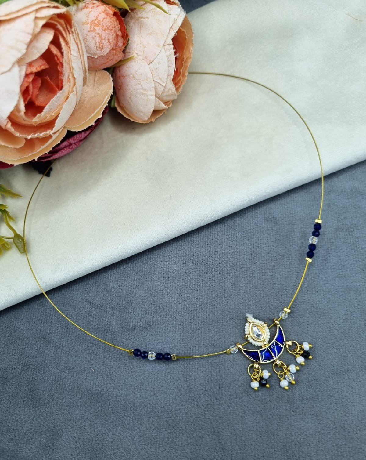 LAFZ  Invisible Wire Crescent Pendant Necklace with Beaded Accents - TM600