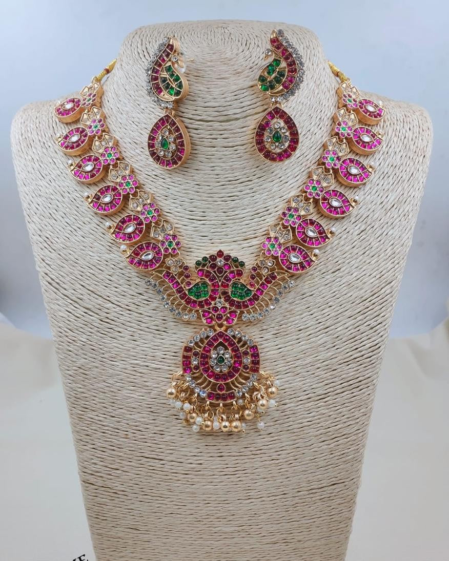 LAFZ  Traditional Ruby & Emerald Peacock Motif Medium Necklace Set with Earrings - TM607