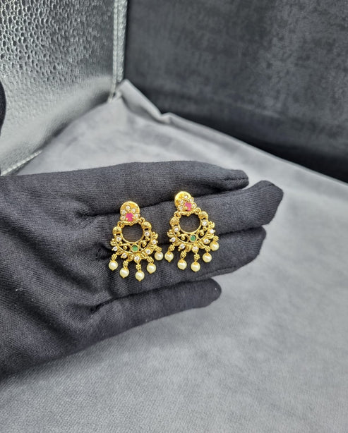 LAFZ Ruby & Green Stone Temple Drop Earrings
