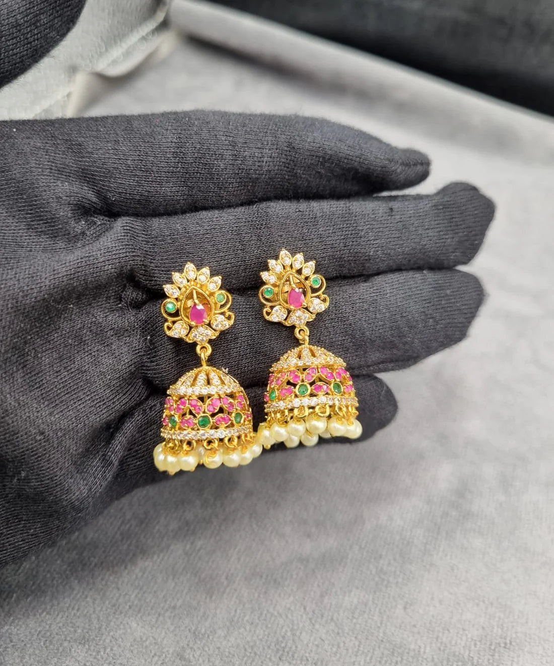 LAFZ Traditional Floral Jhumkas with Pink Bead Droplets