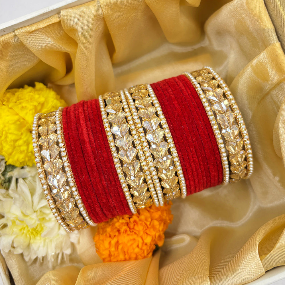 Wedding Chuda Gold Plated Crystal Stone And Pearl Velvet Bangles Set