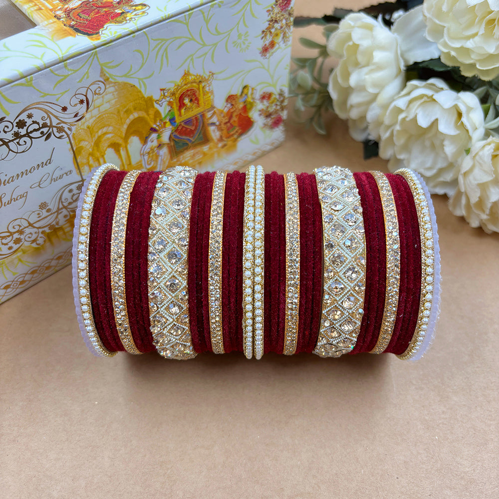 Wedding Chuda Gold Plated Austrian Stone And Velvet Bridal Bangles Set