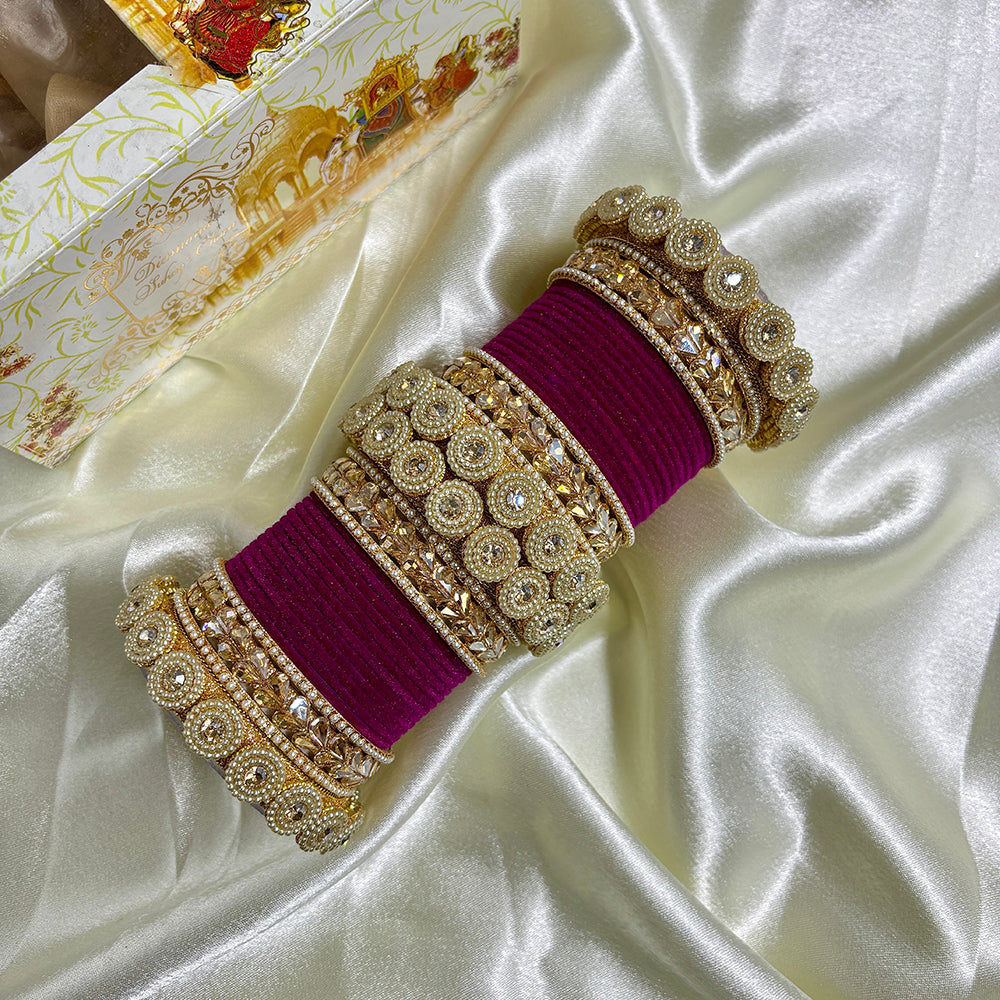 Wedding Chuda Gold Plated Crystal And Austrian Stone Pearl Velvet Bangles Set