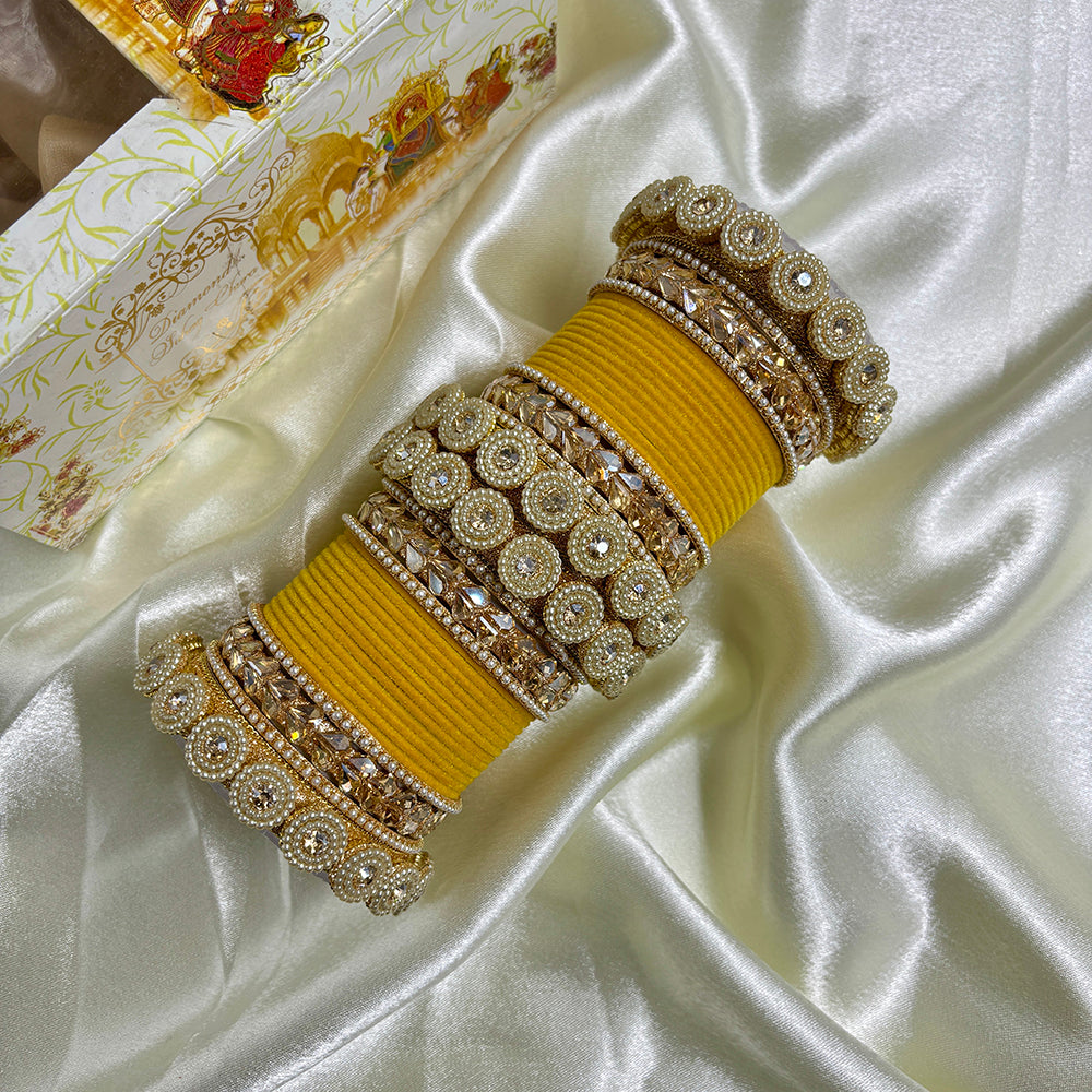 Wedding Chuda Gold Plated Crystal And Austrian Stone Pearl Velvet Bangles Set