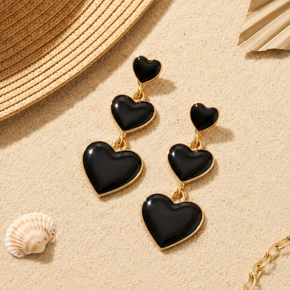 Etnico Fashion Gold Plated Anti Tarnish Triple Heart Design Drop Earrings with Black Enamel for Women & Girls Lightweight Fashion Jewellery (WE008B)