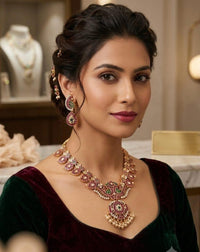 LAFZ  Traditional Ruby & Emerald Peacock Motif Medium Necklace Set with Earrings - TM607
