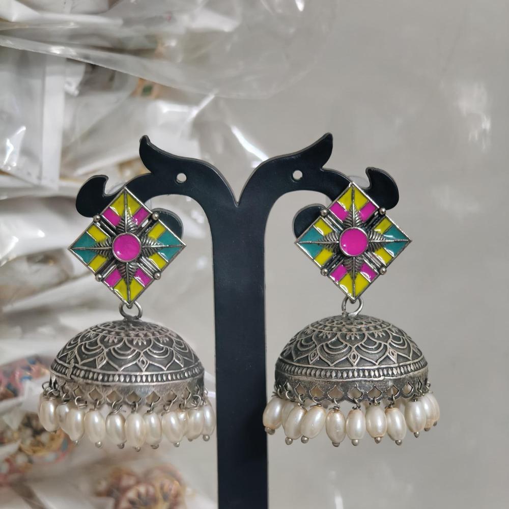 Pusti Art & Craft Multi Color Meenakari Oxidised Plated Jhumki Earrings