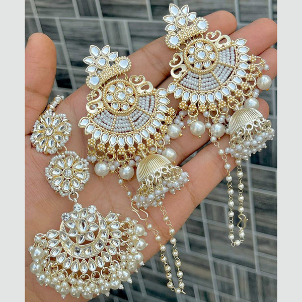 Lucentarts Jewellery Gold Plated Kundan & Pearl Earrings With Maangtikka