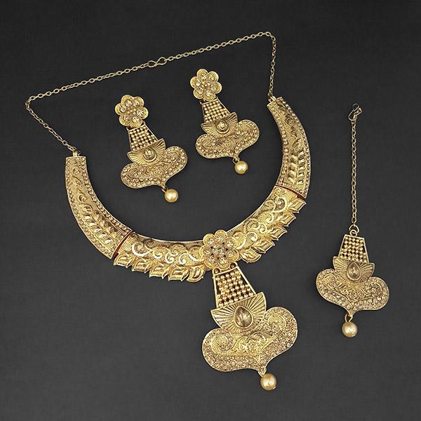 Amina Creation Gold Plated Brown Austrian Stone Necklace Set with Maang Tikka - 1107987