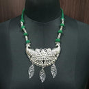 Jeweljunk Rhodium Plated Green Thread Pecock Design Boho Necklace