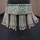 Jeweljunk Green Meenakari Rhodium Plated Statement Necklace - 1112401A
