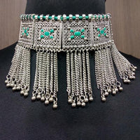 Jeweljunk Green Meenakari Rhodium Plated Statement Necklace - 1112401A