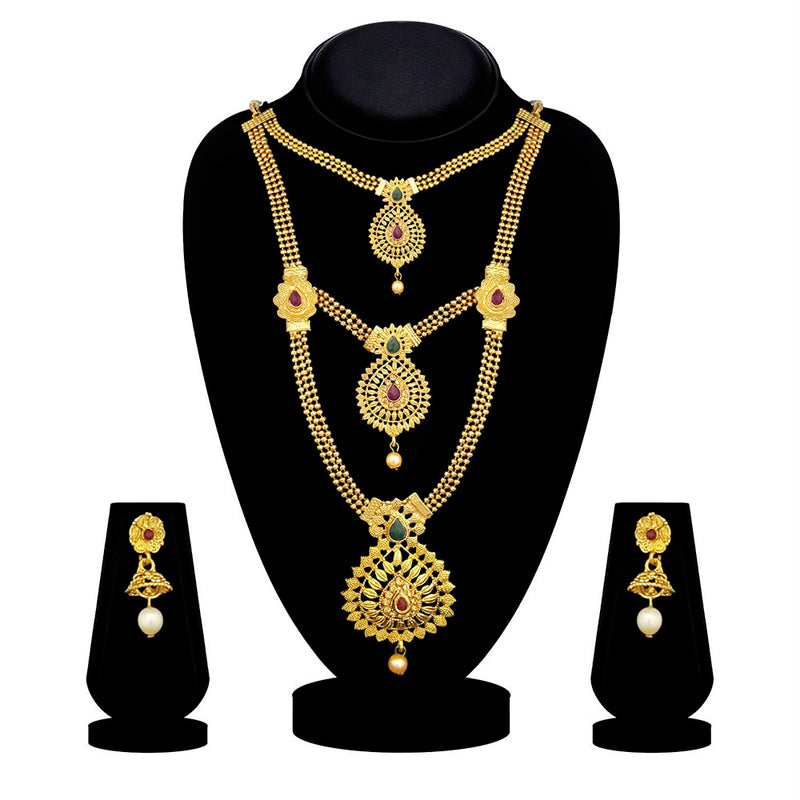 Kriaa Gold Plated Maroon And Green Stone Three layer Necklace Set