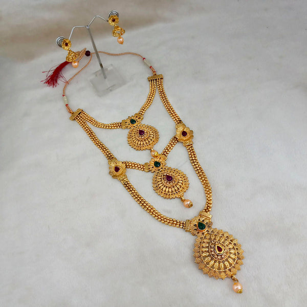 Kriaa Gold Plated Maroon And Green Stone Three layer Necklace Set