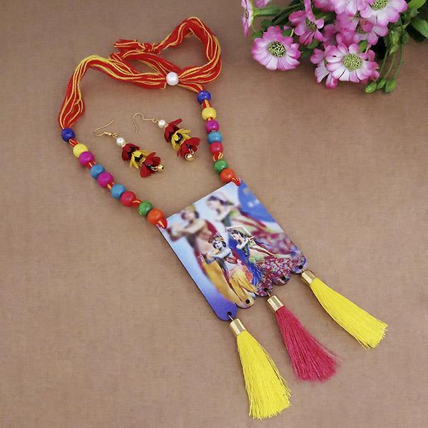 Urthn Lord Radha Krishna Digital Printed Wooden Thread Necklace Set - 1114109