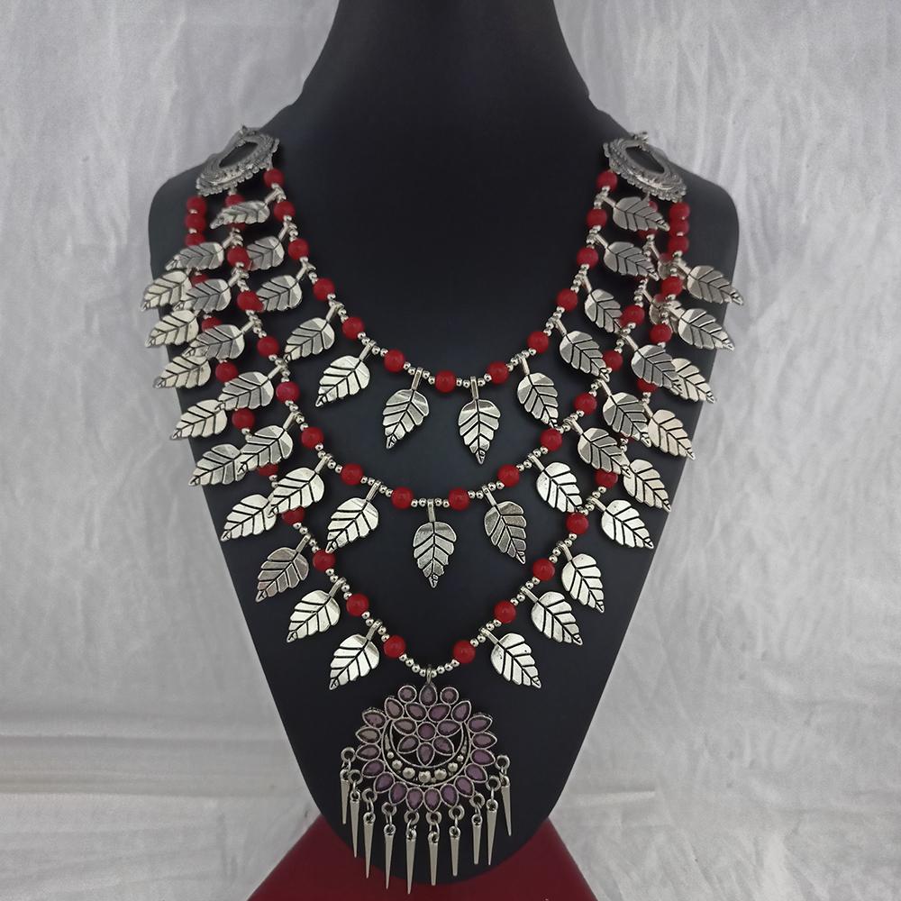 Jeweljunk Oxidised Plated Red Beads Leaf Desgin Three Layer Necklace  - 1114558F