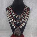 Jeweljunk Oxidised Plated Red Beads Leaf Desgin Three Layer Necklace  - 1114558F
