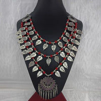 Jeweljunk Oxidised Plated Red Beads Leaf Desgin Three Layer Necklace  - 1114558F