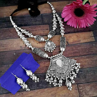 Jeweljunk Oxidised Plated Two Layer Necklace Set - 1114612