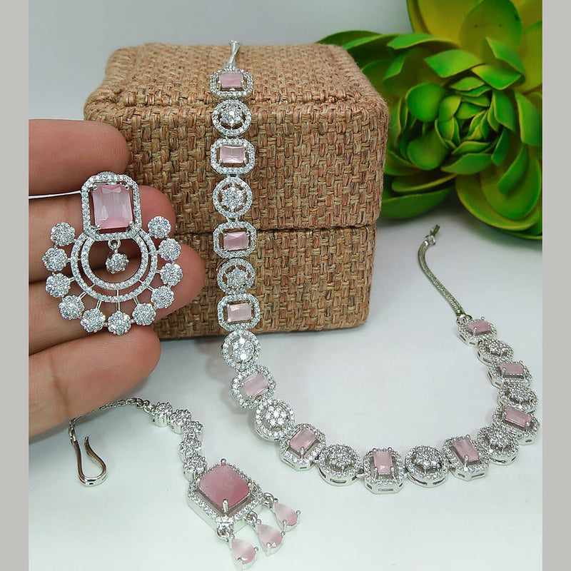 Everlasting Quality Jewels Silver Plated AD Necklace With Maangtikka