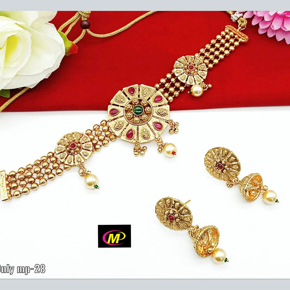 FS Collection Gold Plated Pota Stone Choker Necklace Set