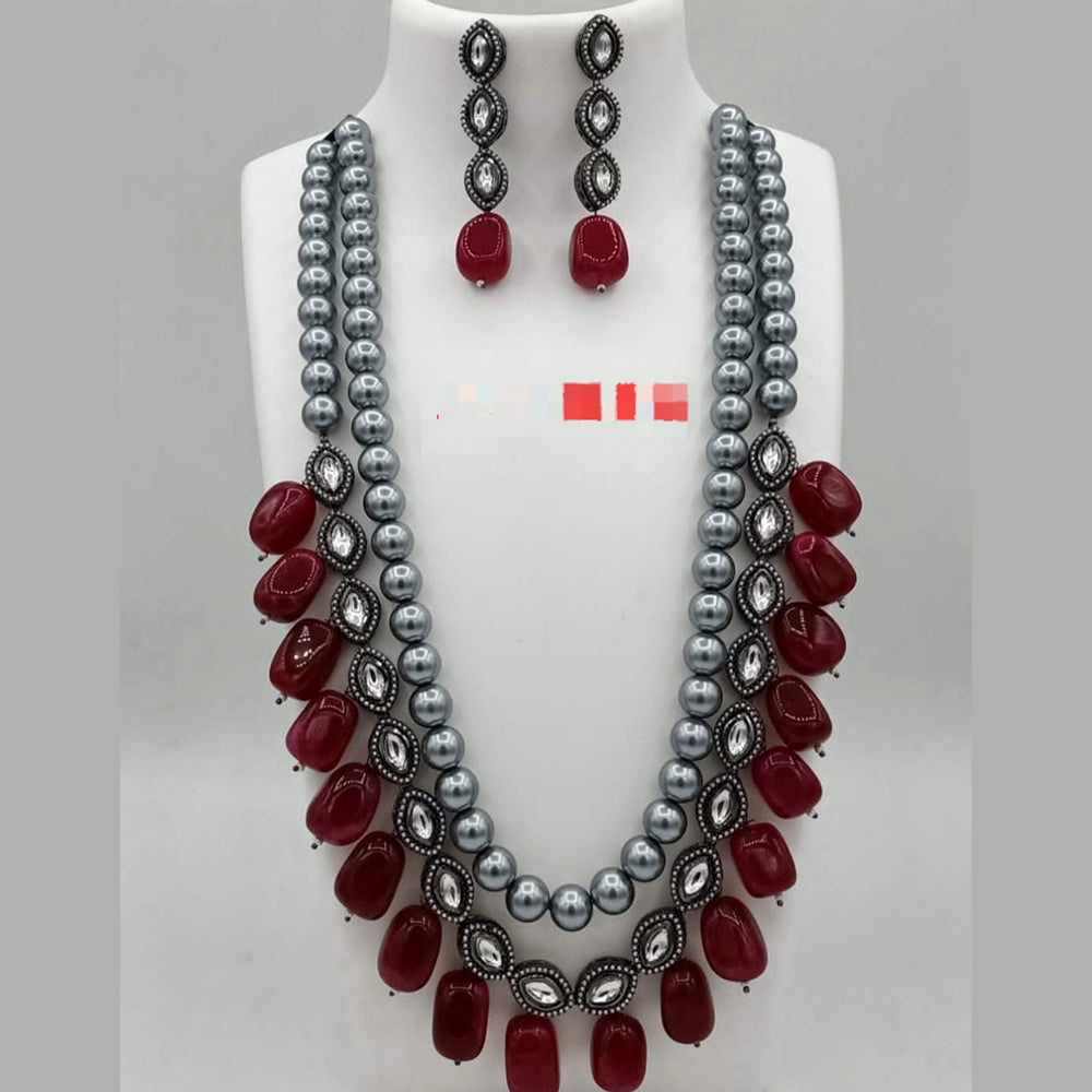 FS Collection Silver Plated Kundan Stone & Beads Long Necklace