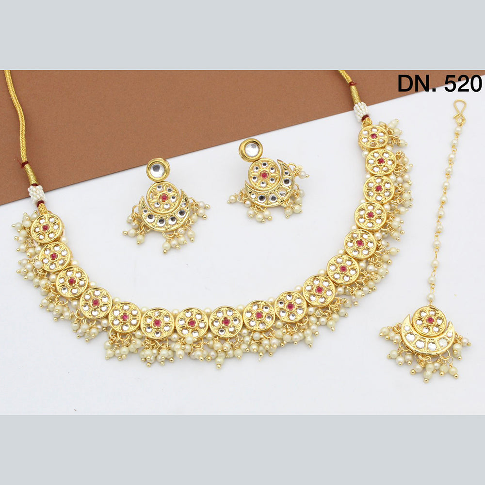 FS Collection Gold Plated Kundan Stone & Pearl Choker Necklace Set With Mangtikka