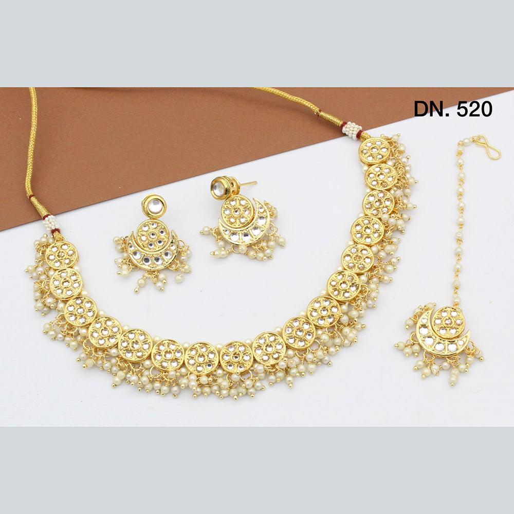 FS Collection Gold Plated Kundan Stone & Pearl Choker Necklace Set With Mangtikka