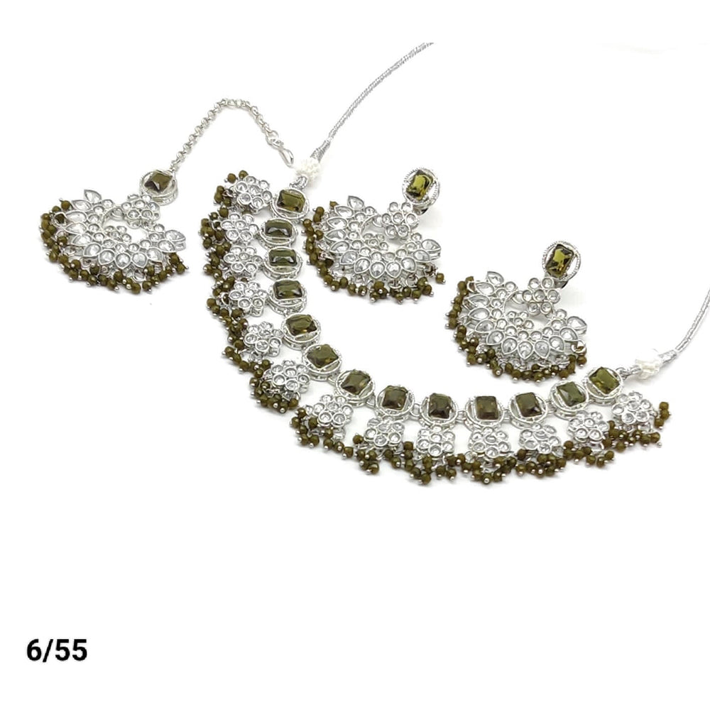 FS Collection Silver Plated Kundan & Crystal Stone Choker Necklace Set