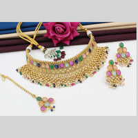 FS Collection Gold Plated Pota Stone Choker Necklace Set With Mangtikka