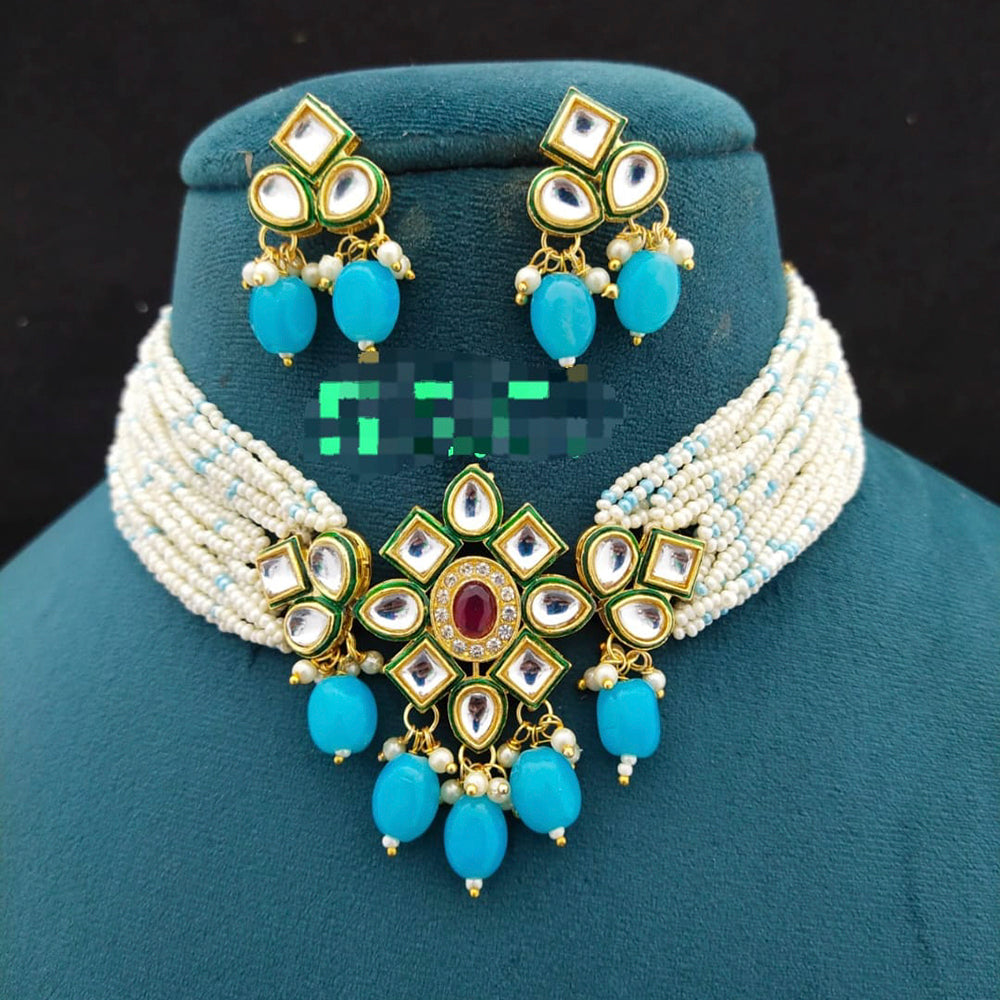 FS Collection Gold Plated Kundan Stone & Beads Choker Necklace Set