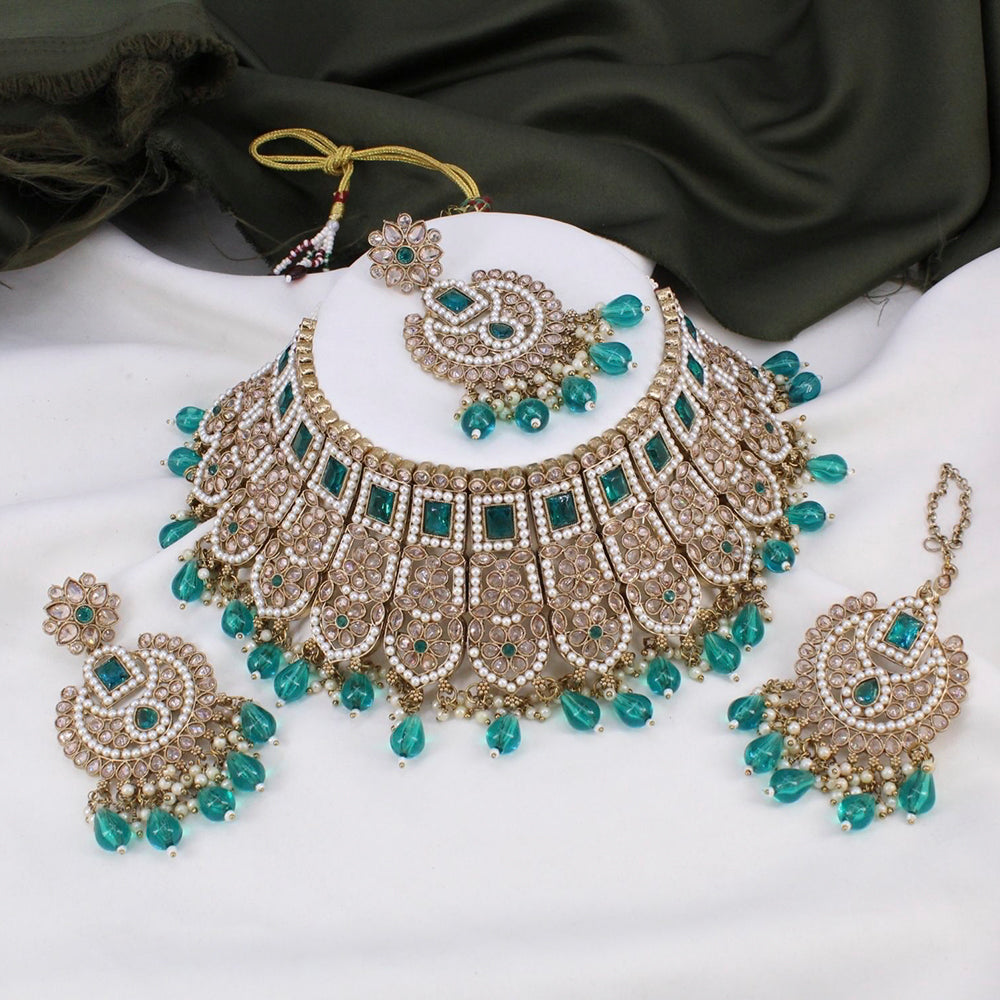 FS Collection Gold Plated Kundan Stone & Beads Choker Necklace Set