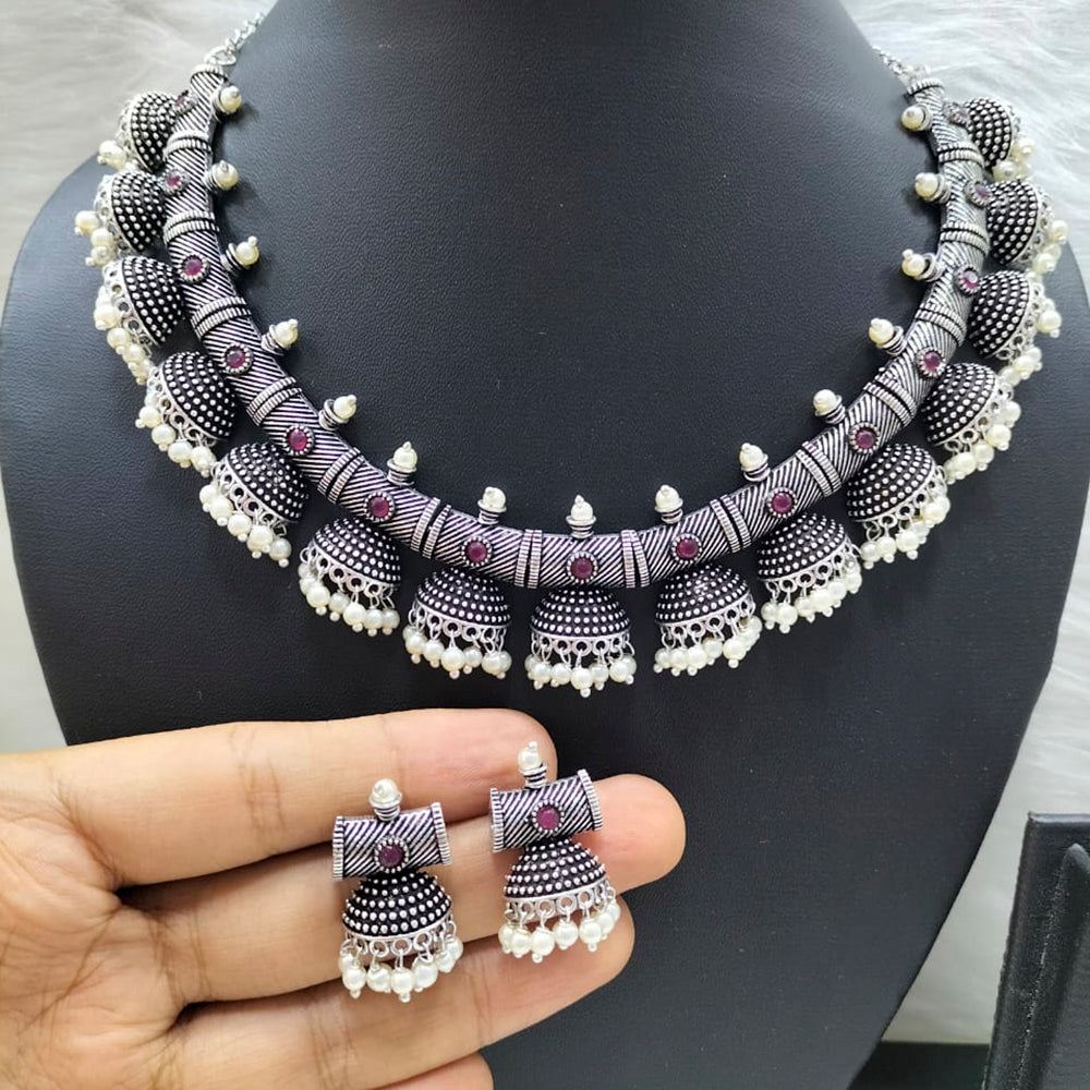 FS Collection Silver Plated Pota Stone & Beads Choker Necklace Set