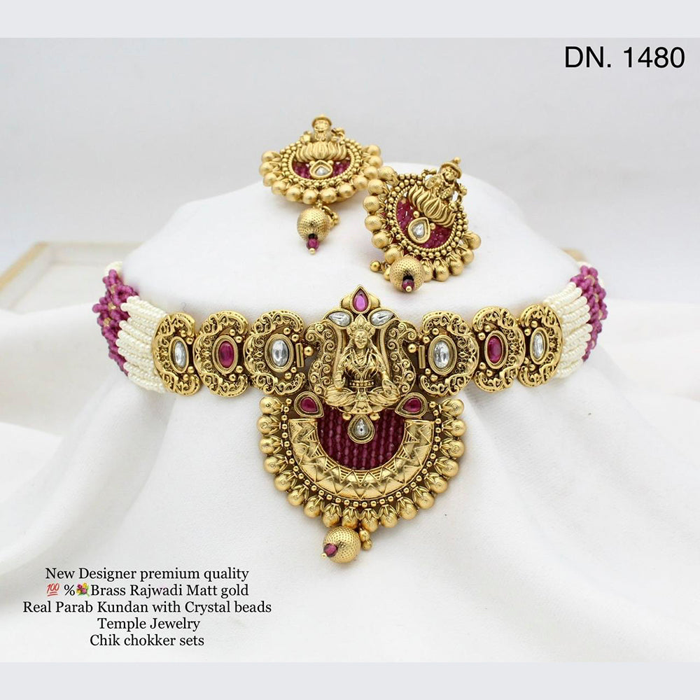 FS Collection Gold Plated Kundan Stone Temple Design Choker Necklace Set