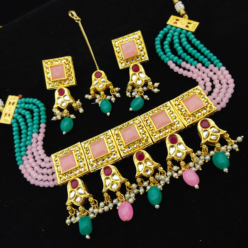 FS Collection Gold Plated Kundan & Beads Choker Necklace Set