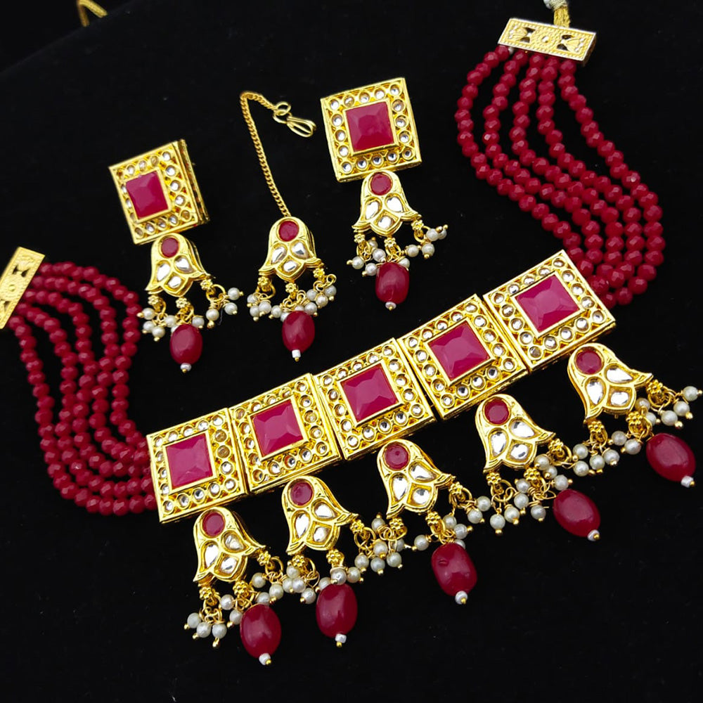 FS Collection Gold Plated Kundan & Beads Choker Necklace Set