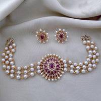 FS Collection Gold Plated Kundan & Pearls Choker Necklace Set