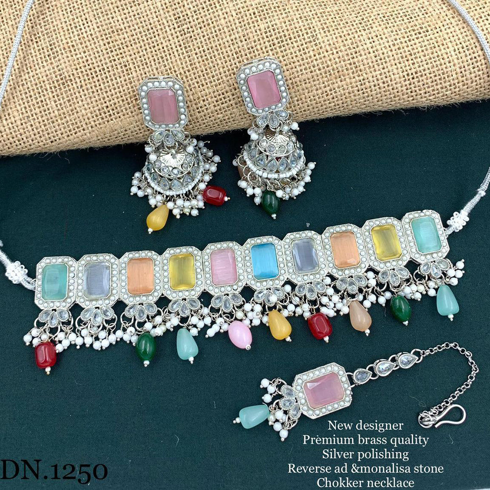 FS Collection Silver Plated Reverse AD & Monalisa Stone Choker Necklace Set