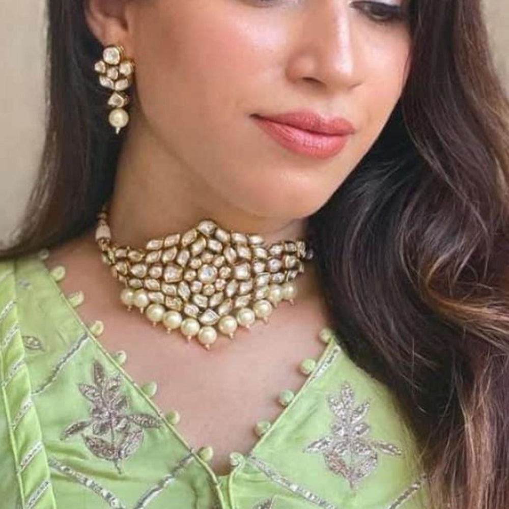 FS Collection Gold Plated Kundan Stone Choker Necklace Set