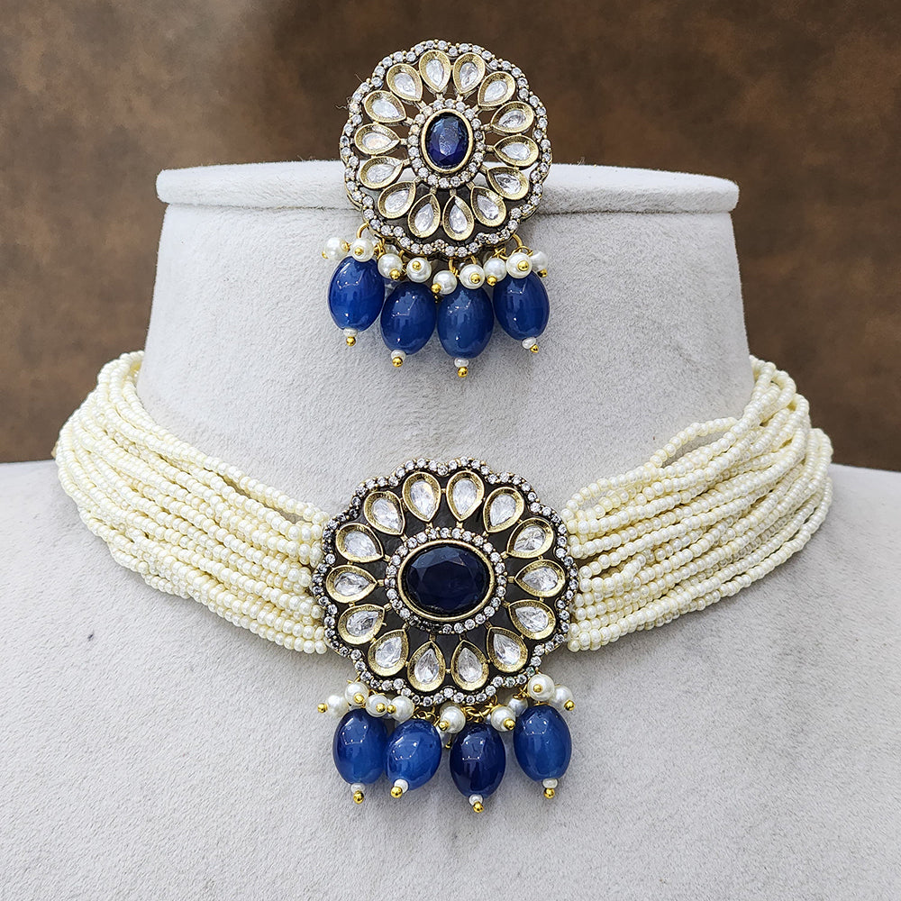 FS Collection Gold Plated Kundan And Pearl Choker Necklace Set