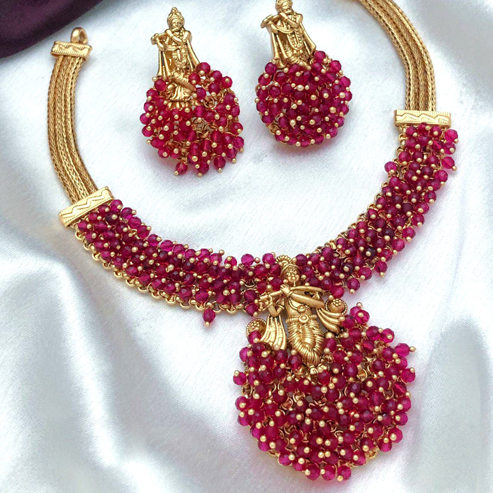 FS Collection Gold Plated Temple And Pearl Choker Necklace Set