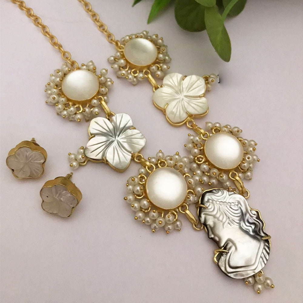 FS Collection Gold Plated Pearl Western Jewellery Long Necklace Set