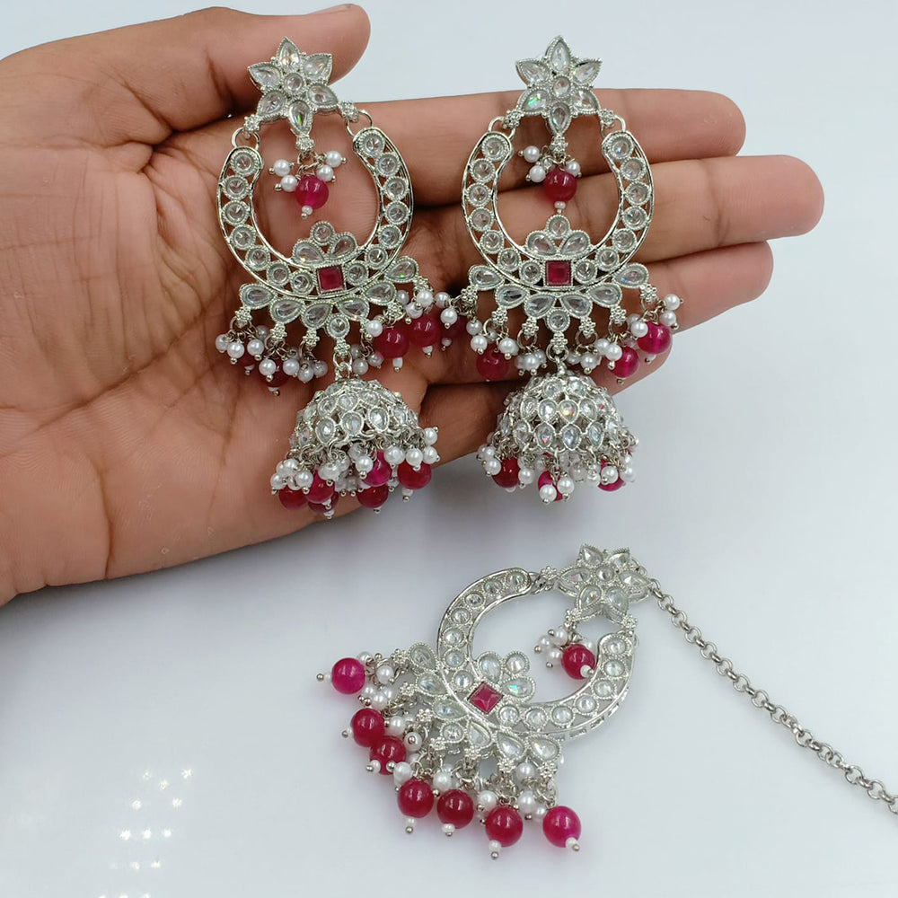 Fs Collection Silver Plated Crystal Stone Jhumki With Maangtikka