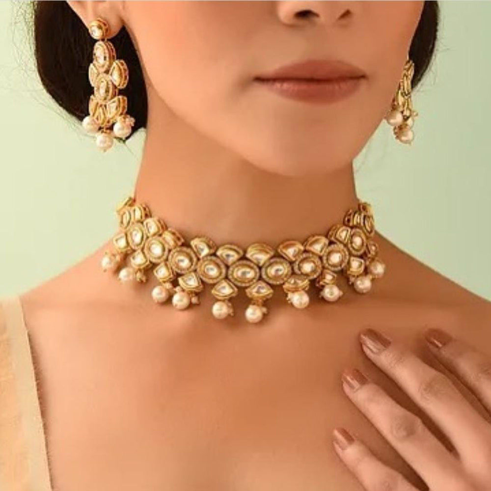 FS Collection Gold Plated Kundan Choker Necklace Set