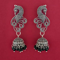 Jeweljunk Black Beads Silver Plated Peacock Jhumki Earrings - 1309378B